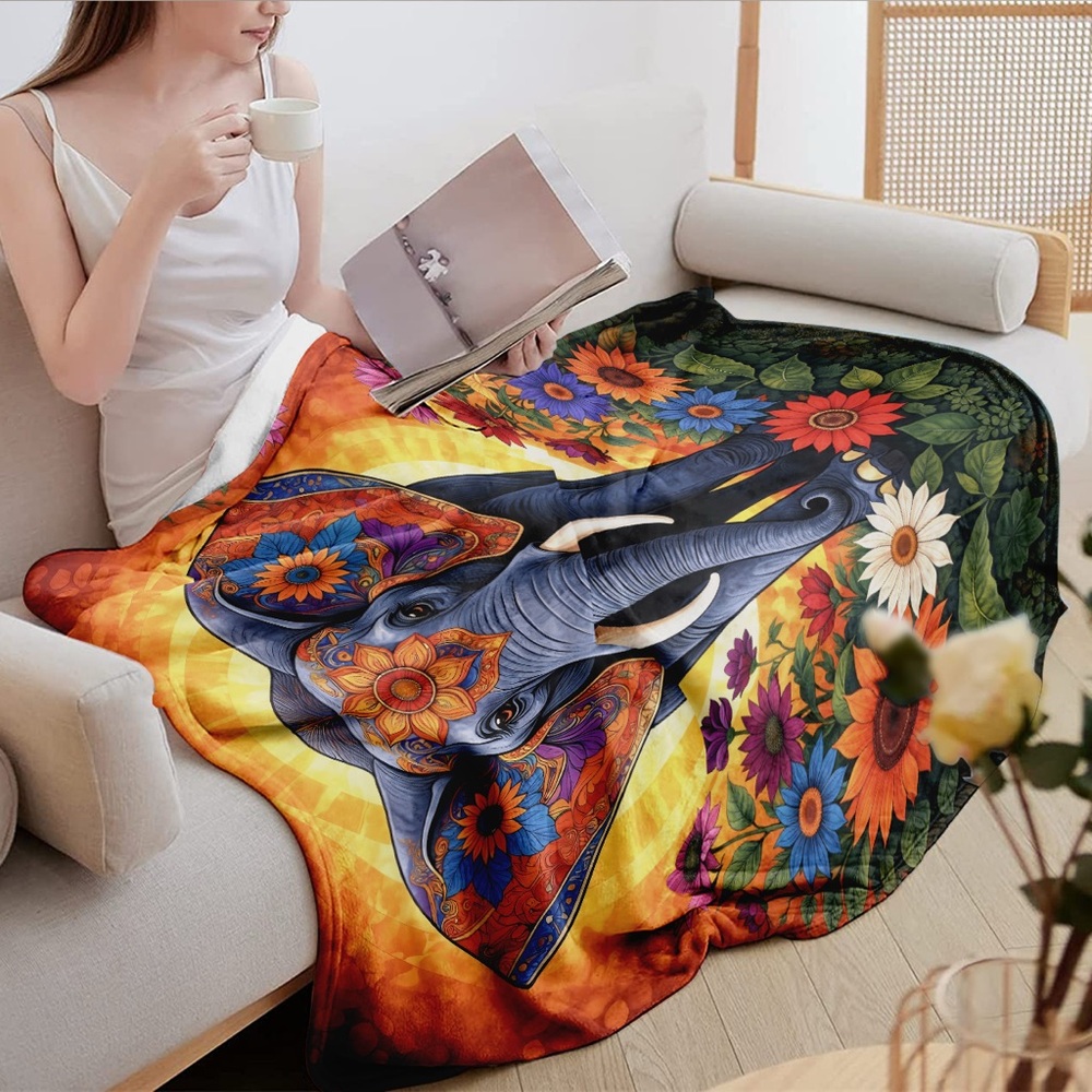 Bohemian Flower Elephant Throw Blanket 50x60 - Picture 3 of 5